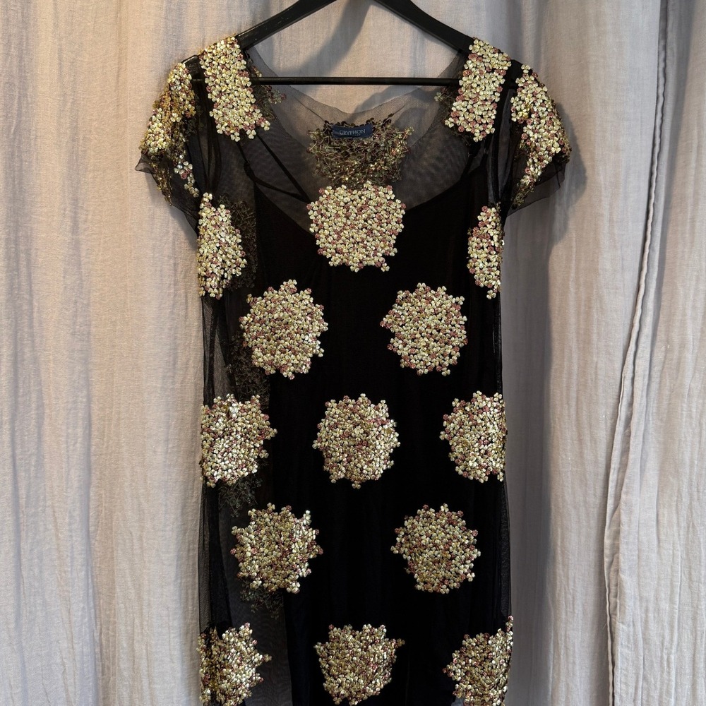 Gryphon New York Womens Black Mesh Sequin Floral Mini Dress Gold Silver Large
